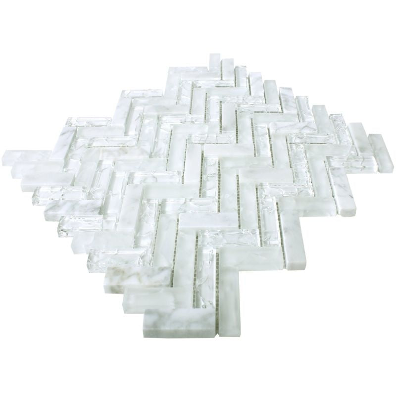 Malawi White Natural Stone Herringbone Mosaic Mosafil Axel XIC HB1511