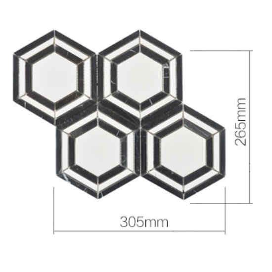 Bianco Noir Hexagon White and Black Authentic Marble Mosaic Wall and Floor 305x265mm Tile TilesDecor