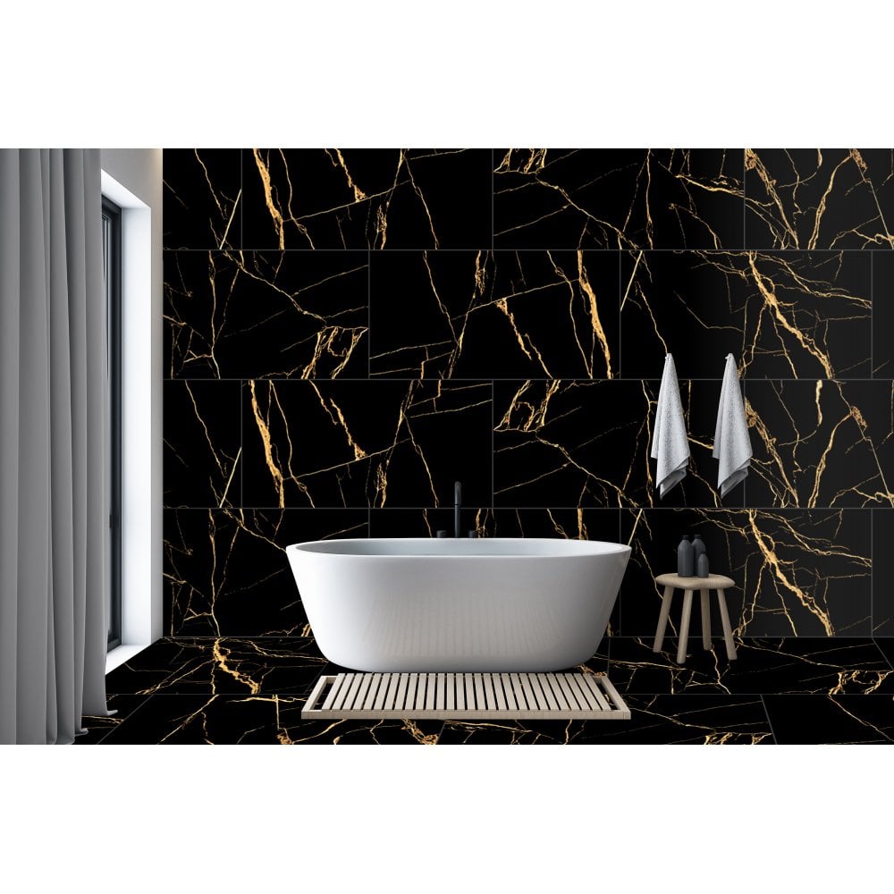 Nero Marquina Aurora Luxe Black and Gold Polished 1200x600mm XL Marble Effect Floor and Wall Tile TilesDecor