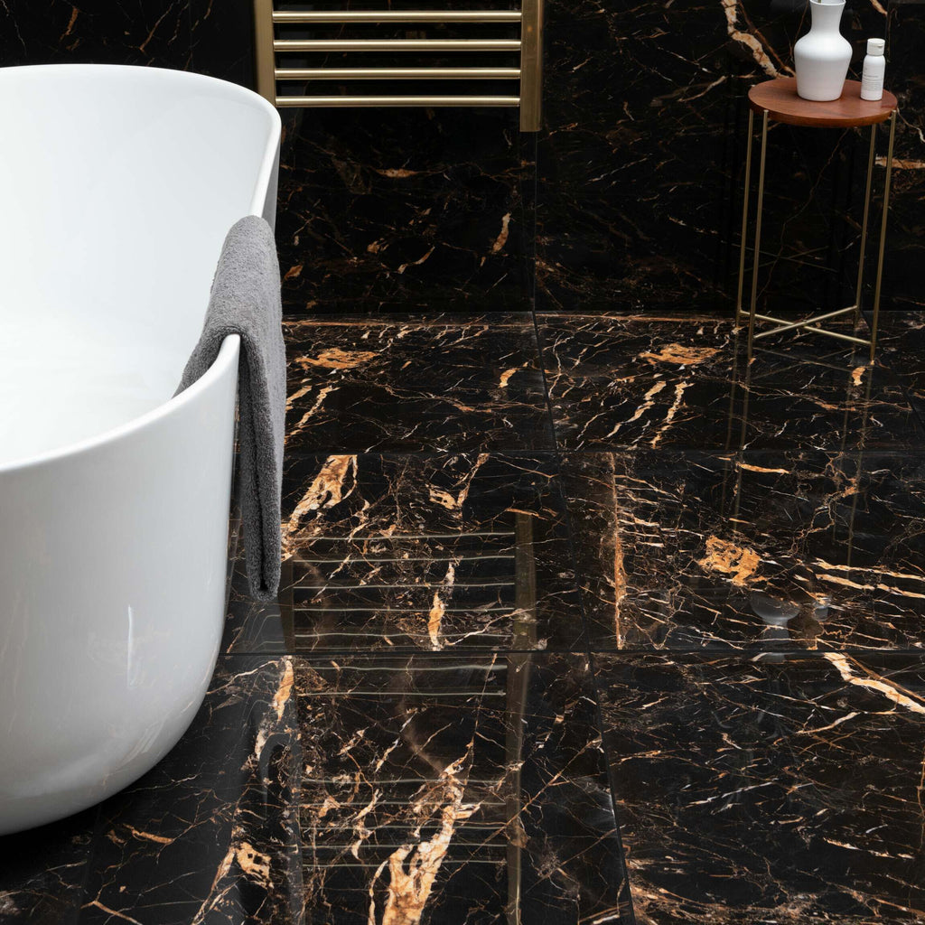 Nero Marquina Black and Gold Polished Marble Effect 600x600mm Floor Tile TilesDecor