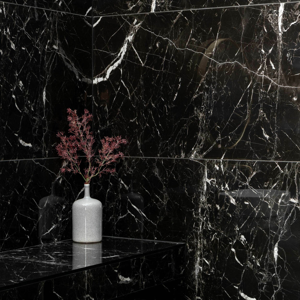 Nero Marquina Black and White Polished Marble Effect 1200x600mm Wall and Floor Tile TilesDecor