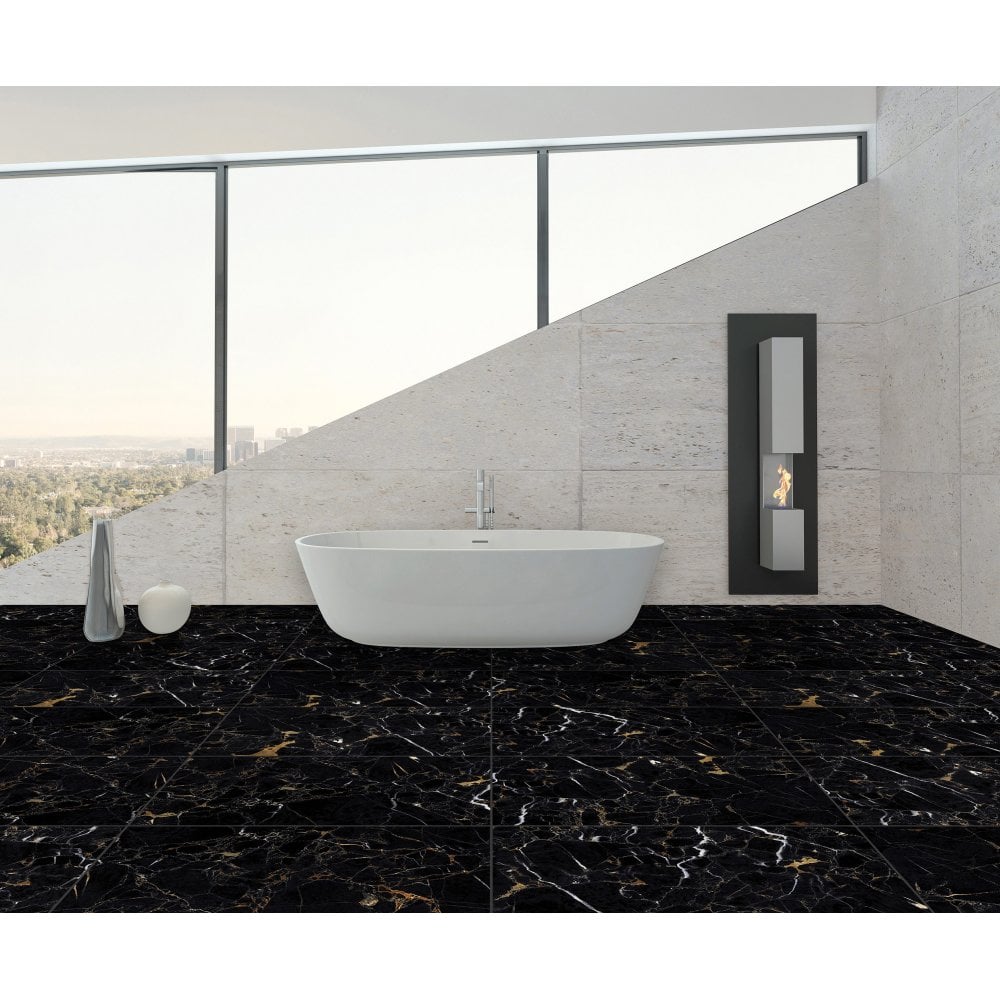 Nero Marquina Mystic Polished Black and Gold Marble Effect 600x600mm Wall and Floor Tile TilesDecor