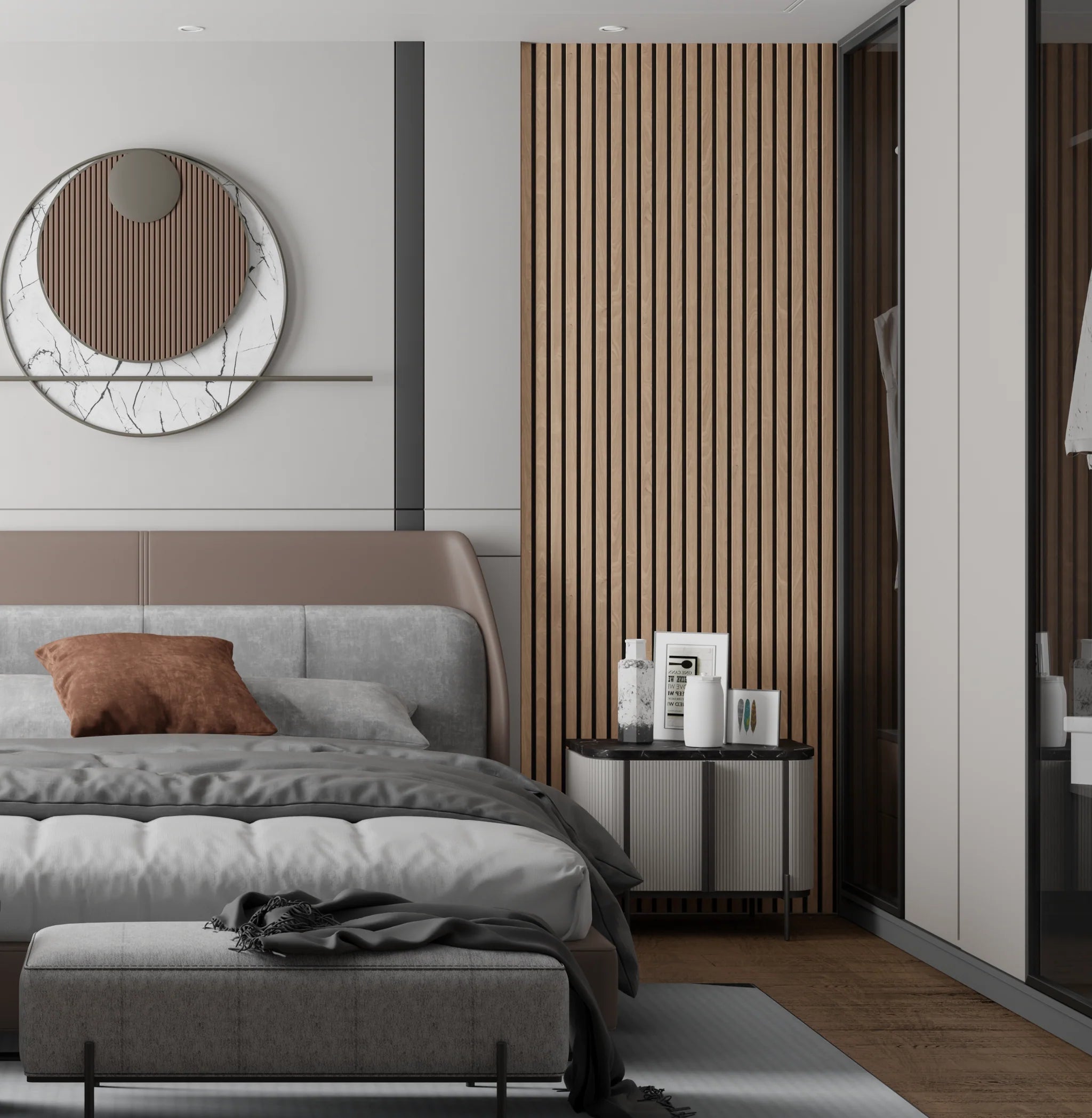 Walnut Oak Acoustic Wood Wall Panels Bedroom