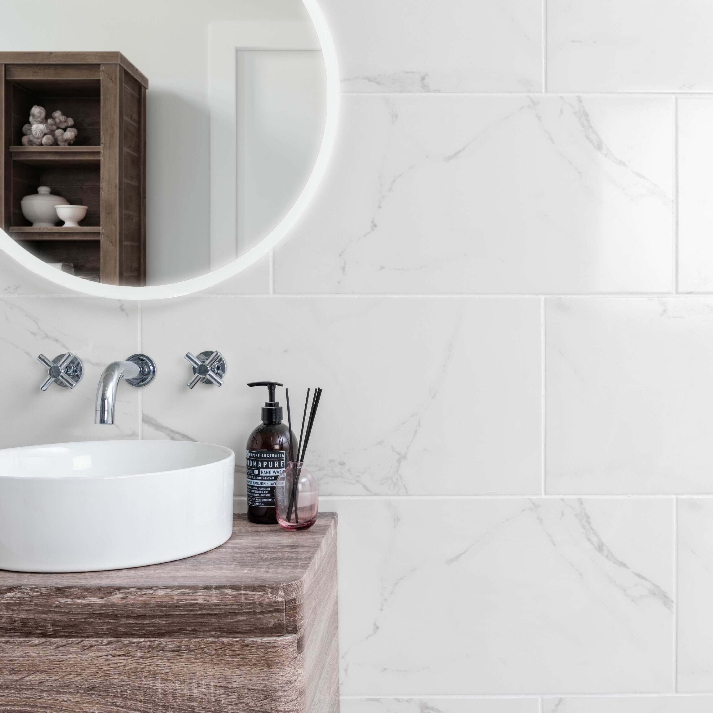 White Polished Marble Wall and Floor Tile 30x60cm https://tile.co.uk/collections/floor-tiles/products/30x60cm-statuario-mercury-polished-tile