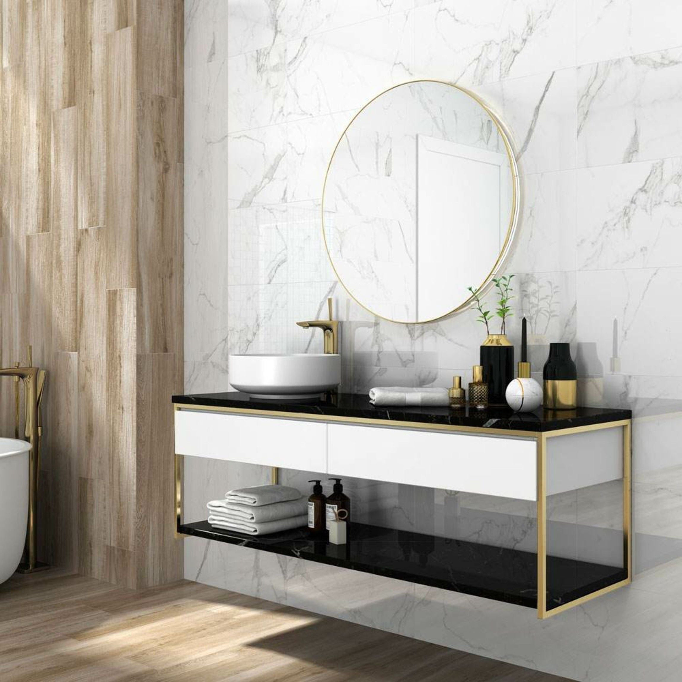 White Polished Marble Wall and Floor Tile 30x60cm https://tile.co.uk/collections/floor-tiles/products/30x60cm-statuario-mercury-polished-tile