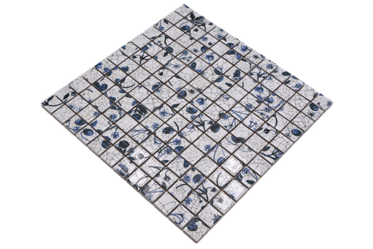 Blue Daisy Pattern Square Mosaic Tile Axel CG SB09