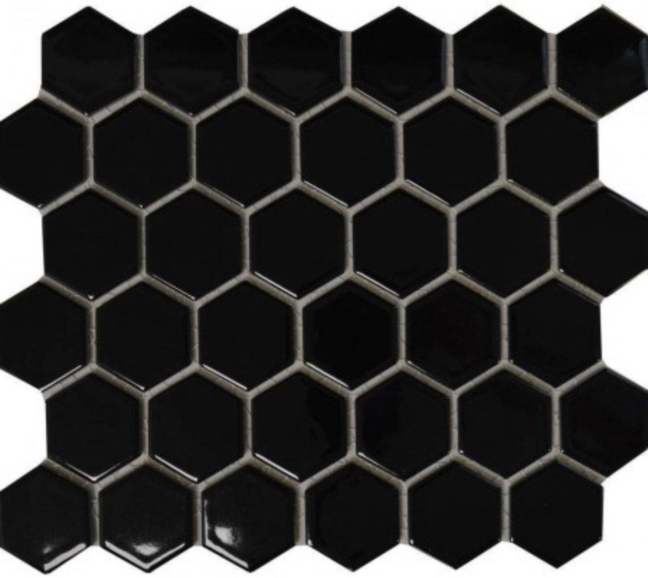 Nickel Noir Hexagon Tile (32.5 x 28.2cm) https://www.wallsandfloors.co.uk/pixel-black-hexagon-gloss-50x50-mosaic-tiles