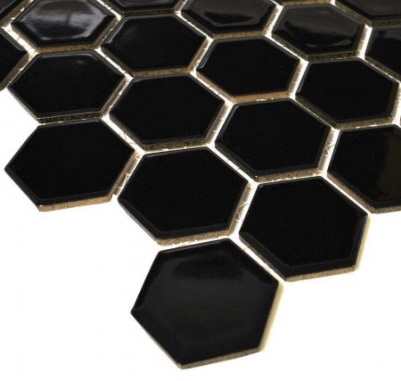 Nickel Noir Hexagon Tile (32.5 x 28.2cm) https://www.wallsandfloors.co.uk/pixel-black-hexagon-gloss-50x50-mosaic-tiles