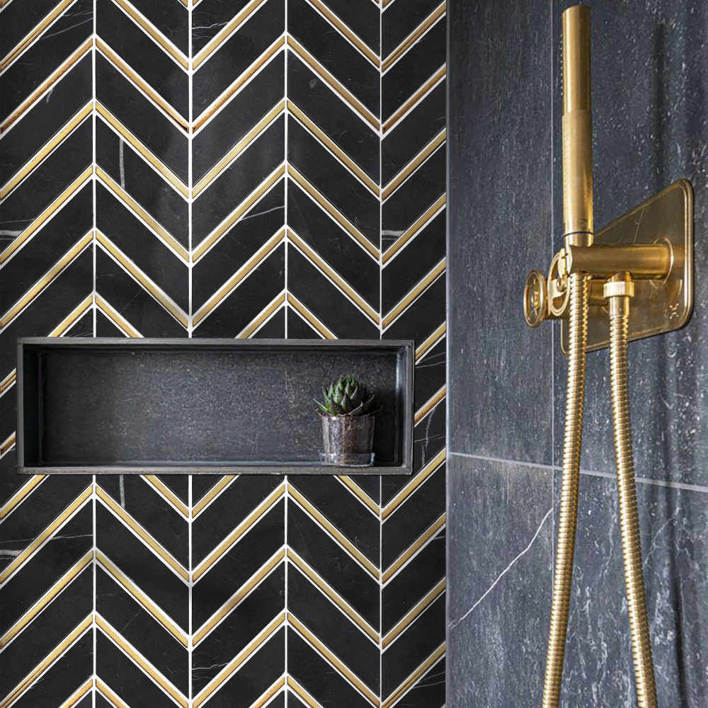 Golden Ebony Black and Gold Chevron Mosaic Tile TilesDecor