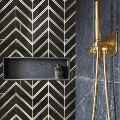 Golden Ebony Black and Gold Chevron Mosaic Tile TilesDecor