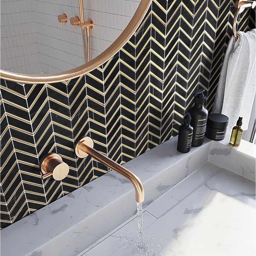 Golden Ebony Black and Gold Chevron Mosaic Tile TilesDecor
