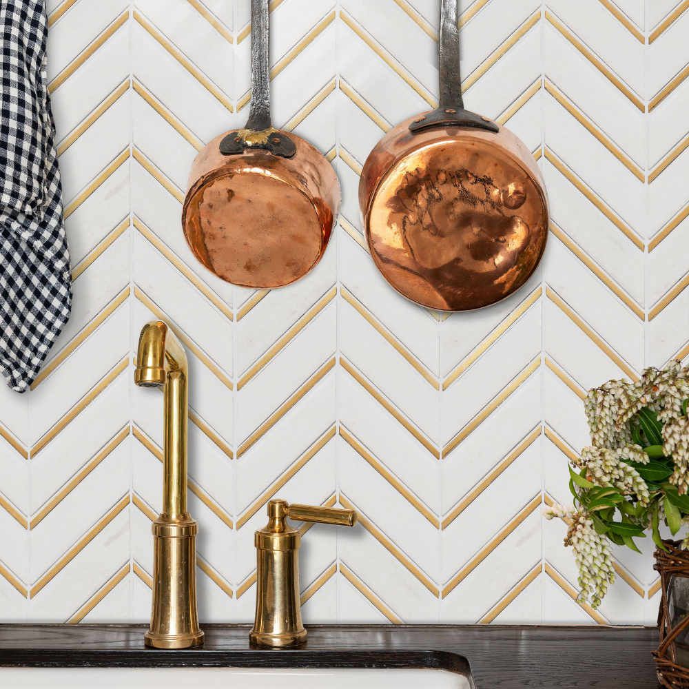 White and Gold Chevron Marble Mosaic Tile TilesDecor