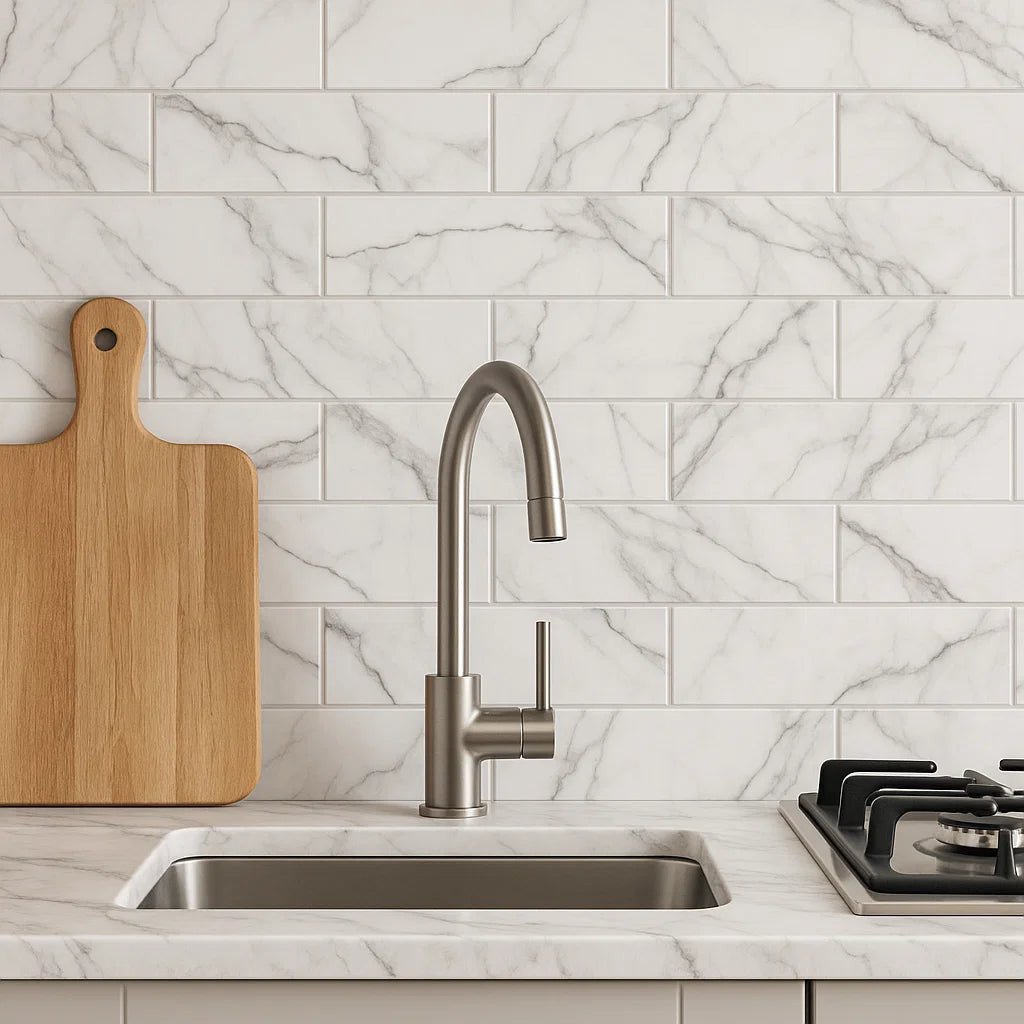 Anilia White Marble Effect Gloss Ceramic Subway Metro Wall 100x300mm Tile TilesDecor
