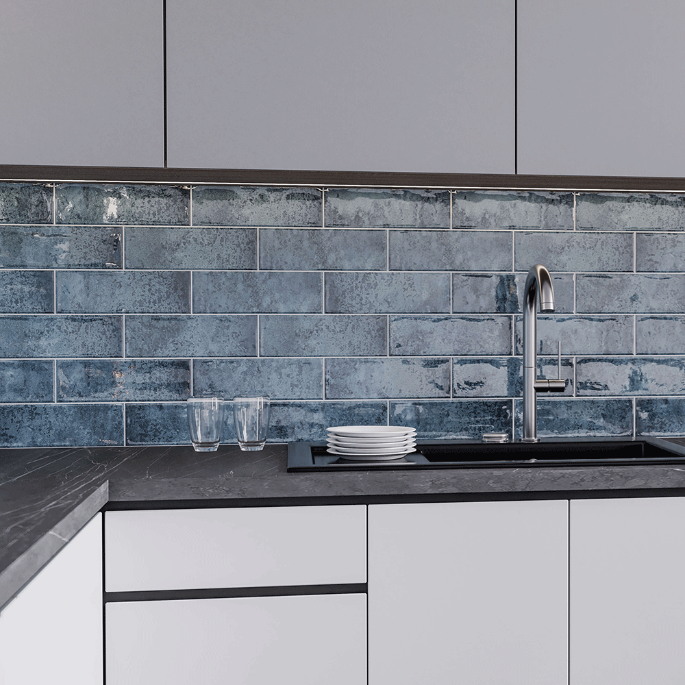Artisan Oasis Blue Bevelled Speckle Gloss Ceramic Subway Metro 100x300mm Wall Tile TilesDecor