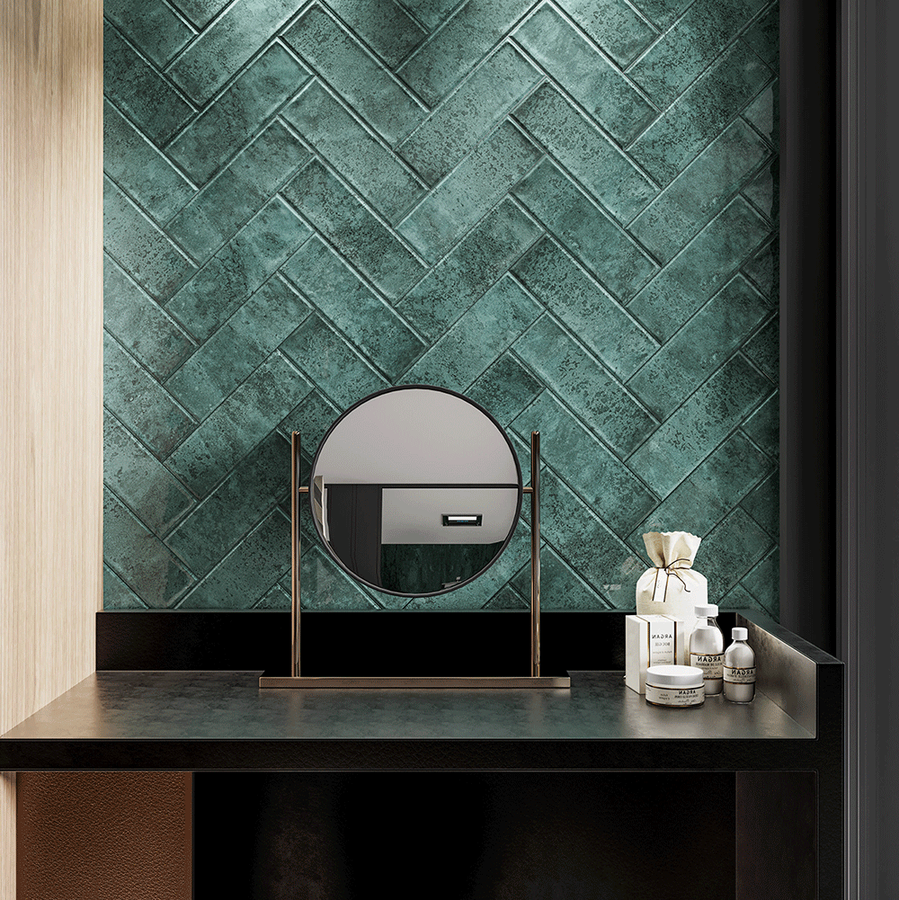 Artisan Oasis Green Bevelled Speckle Gloss Ceramic Subway Metro 100x300mm Wall Tile TilesDecor
