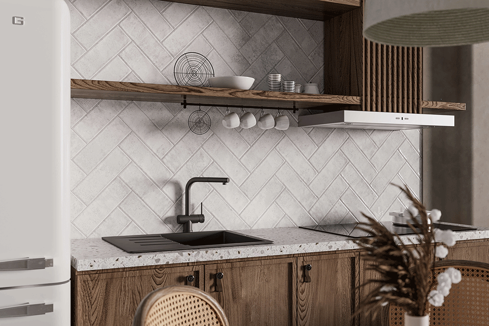 Artisan Oasis White Bevelled Speckle Gloss Ceramic Subway Metro 100x300mm Wall Tile TilesDecor