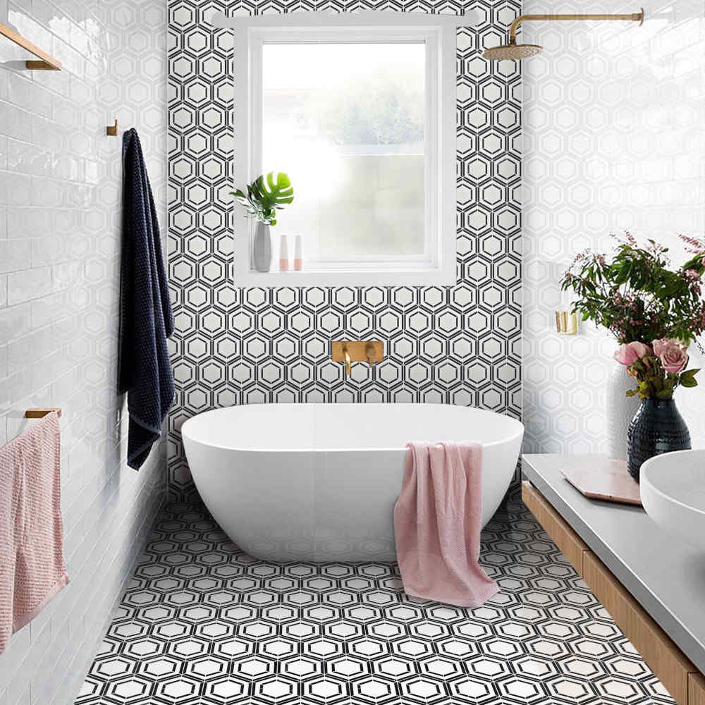 Bianco Noir Hexagon White and Black Authentic Marble Mosaic Wall and Floor 305x265mm Tile TilesDecor