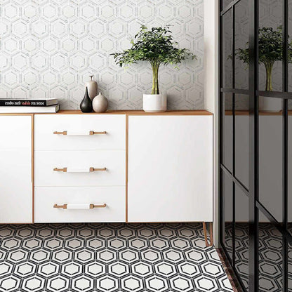 Bianco Noir Hexagon White and Black Authentic Marble Mosaic Wall and Floor 305x265mm Tile TilesDecor