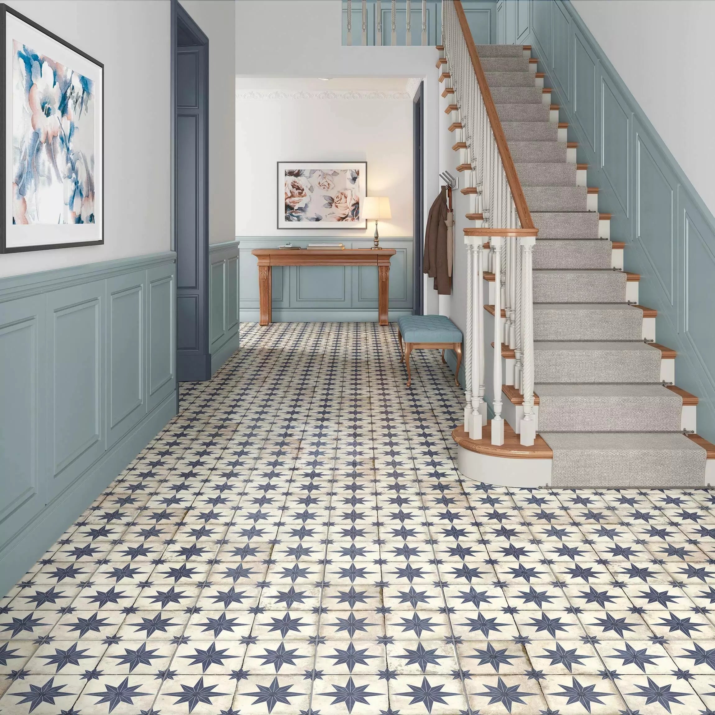 Compass Blue and White Pattern Floor Ceramic Tile TilesDecor
