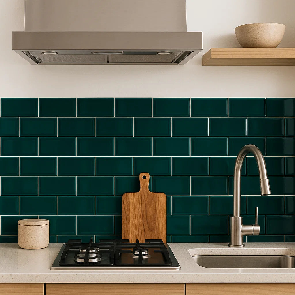 Emerald Green Gloss Bevelled Metro Subway Ceramic 100x200mm Wall Tile TilesDecor