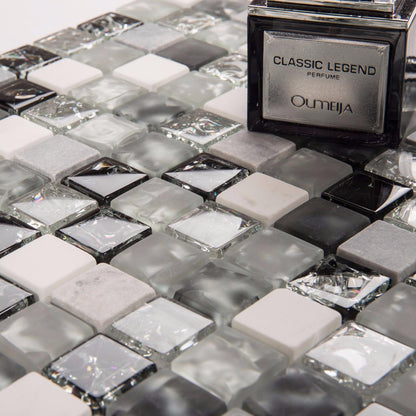 Galactic Grey, Black, and White Glass and Stone Mosaic Wall Tile TilesDecor