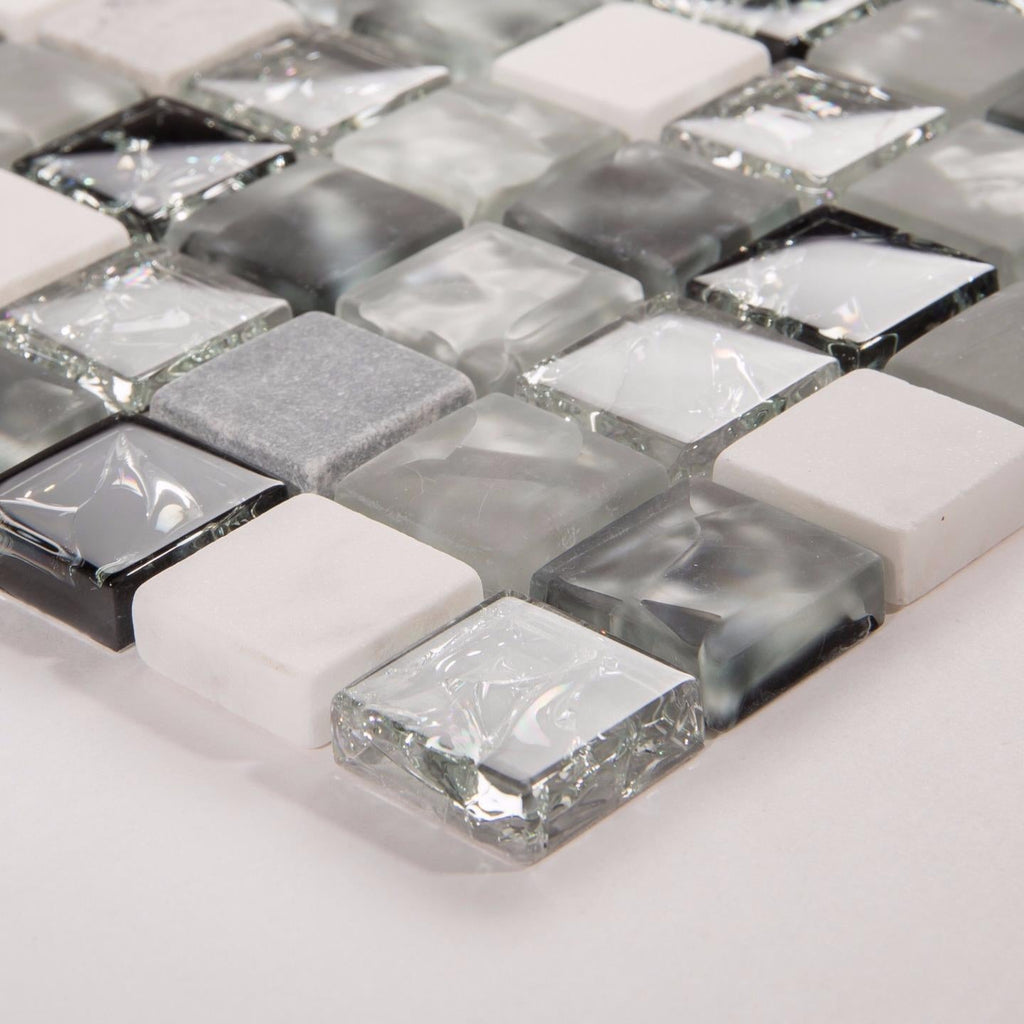 Galactic Grey, Black, and White Glass and Stone Mosaic Wall Tile TilesDecor
