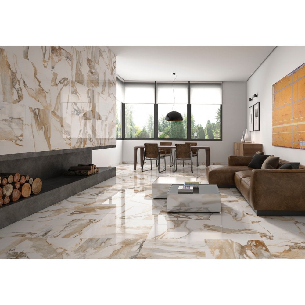Gold Rectified Marble Effect Tile 