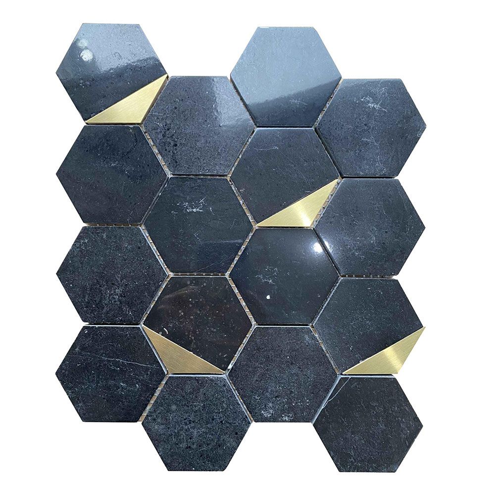 Luxor Hexagon Nero Marquina Black and Gold Marble Mosaic Wall and Floor 278x337mm Tile TilesDecor