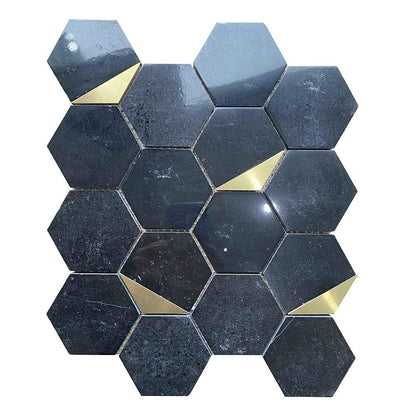 Luxor Hexagon Nero Marquina Black and Gold Marble Mosaic Wall and Floor 278x337mm Tile TilesDecor
