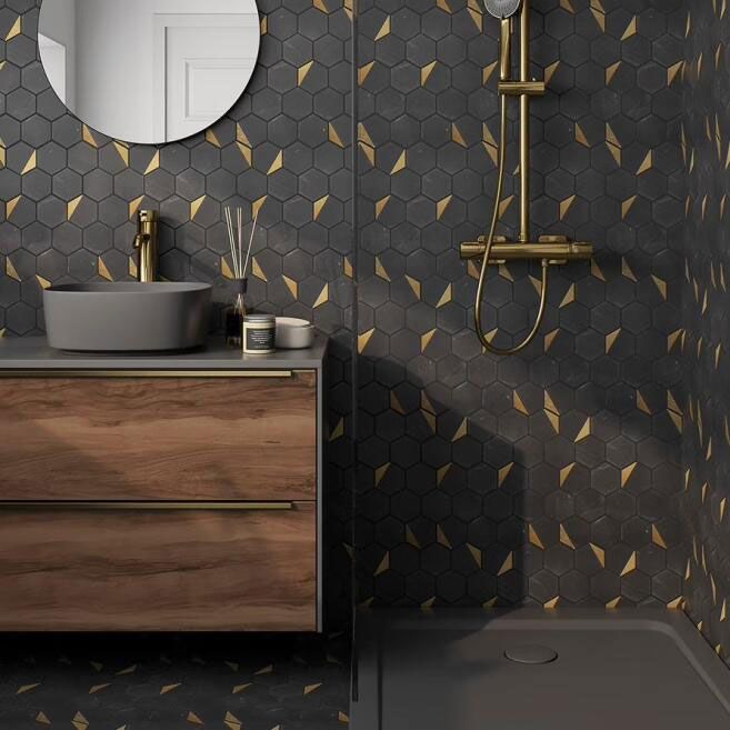 Luxor Hexagon Nero Marquina Black and Gold Marble Mosaic Wall and Floor 278x337mm Tile TilesDecor