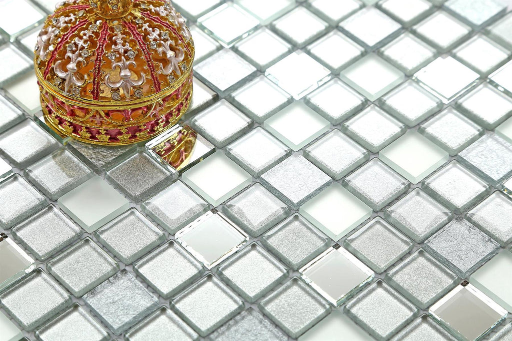 Metallic Mirror Mosaic with Frosted and Sparkle Glitter Glass Silver Square Mosaic Wall Tile TilesDecor