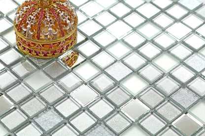 Metallic Mirror Mosaic with Frosted and Sparkle Glitter Glass Silver Square Mosaic Wall Tile TilesDecor