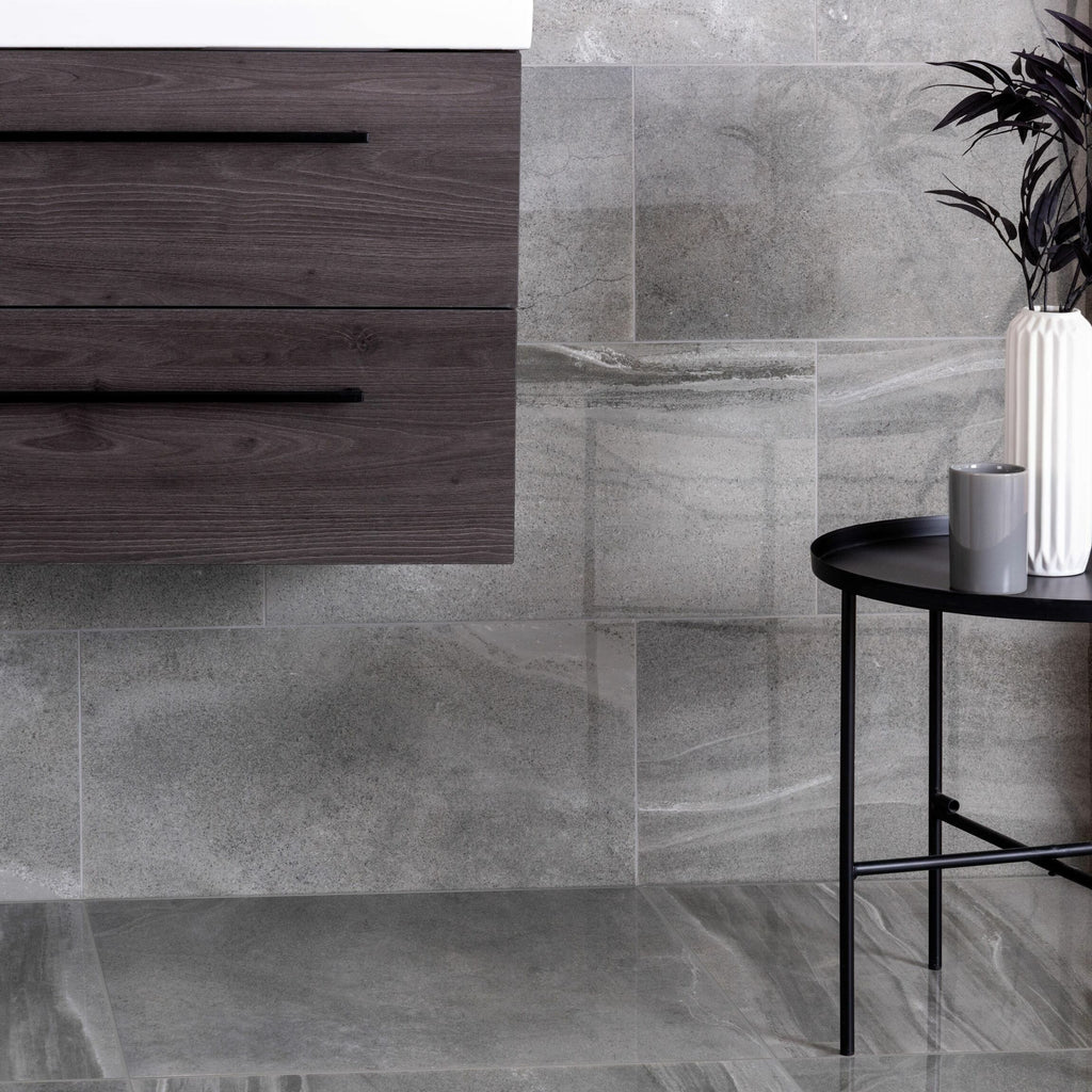 Serenity Grey Stone Effect 600x300mm Polished Porcelain Wall and Floor Tile TilesDecor