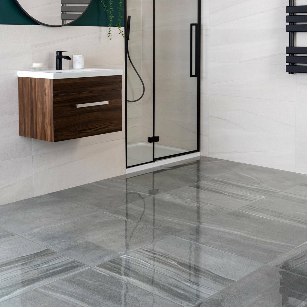 Serenity Grey Polished Stone Effect 600x600mm Floor Tile TilesDecor