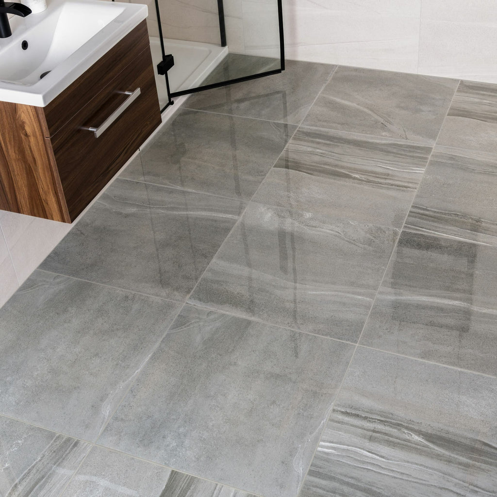 Serenity Grey Polished Stone Effect 600x600mm Floor Tile TilesDecor