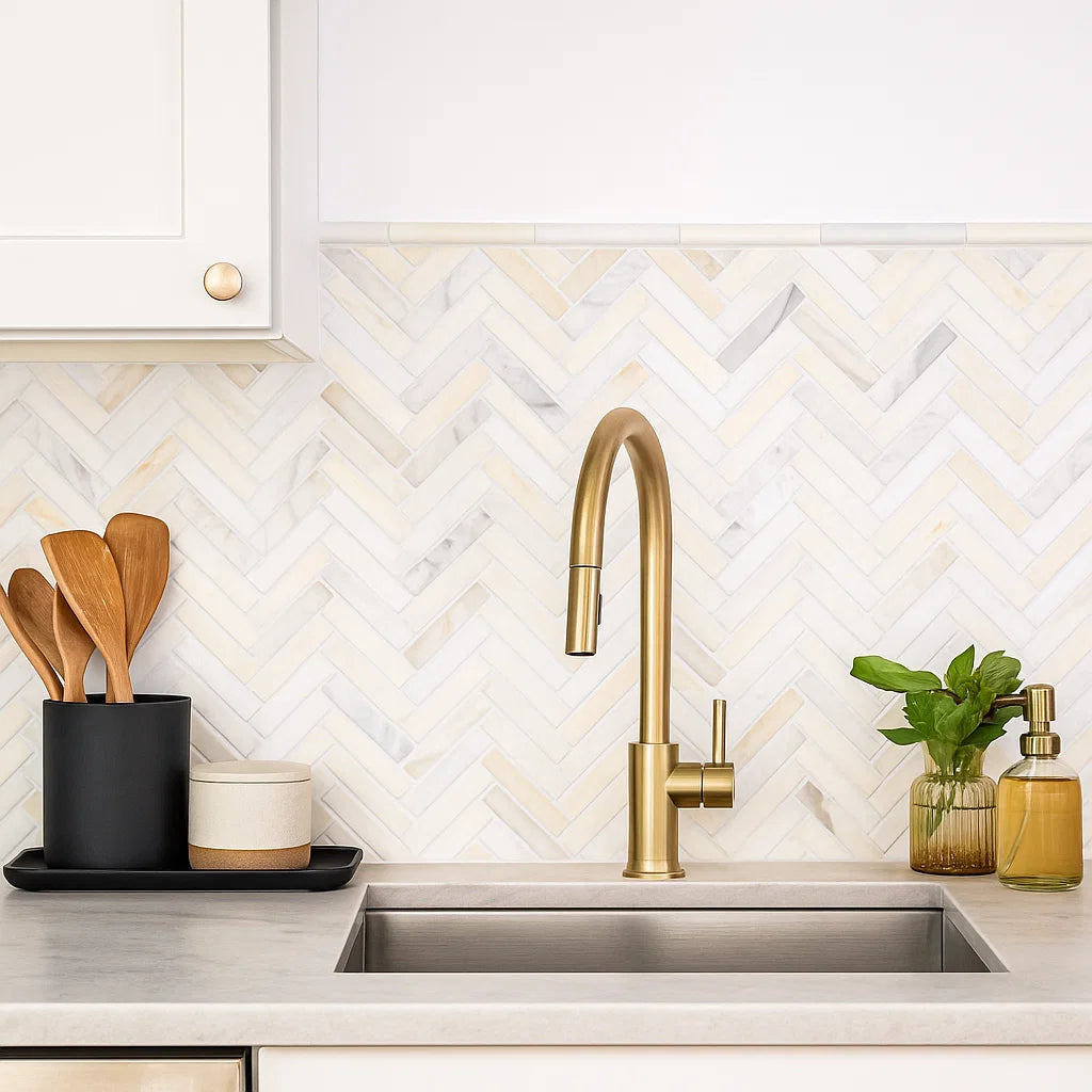 Siena Warm Beige Authentic Marble Herringbone Mosaic Wall and Floor Tile TilesDecor