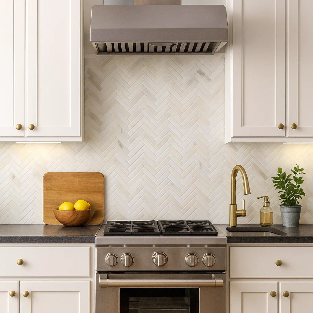 Siena Warm Beige Authentic Marble Herringbone Mosaic Wall and Floor Tile TilesDecor