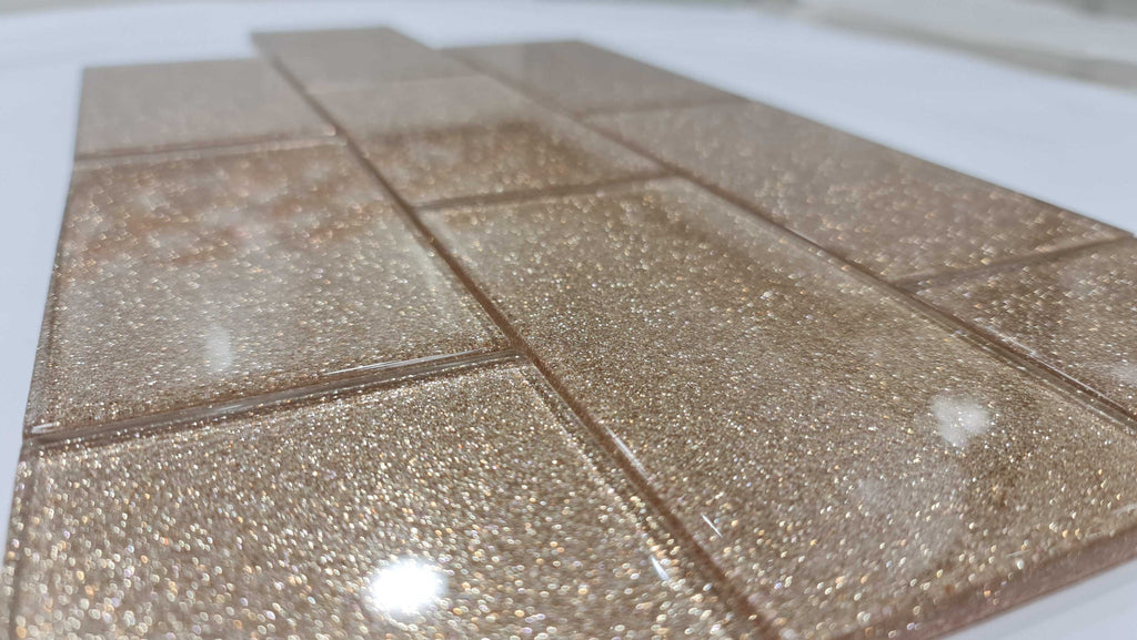 Sparkle Rose Gold Glitter Glass Metro 75x150mm Wall Tile TilesDecor