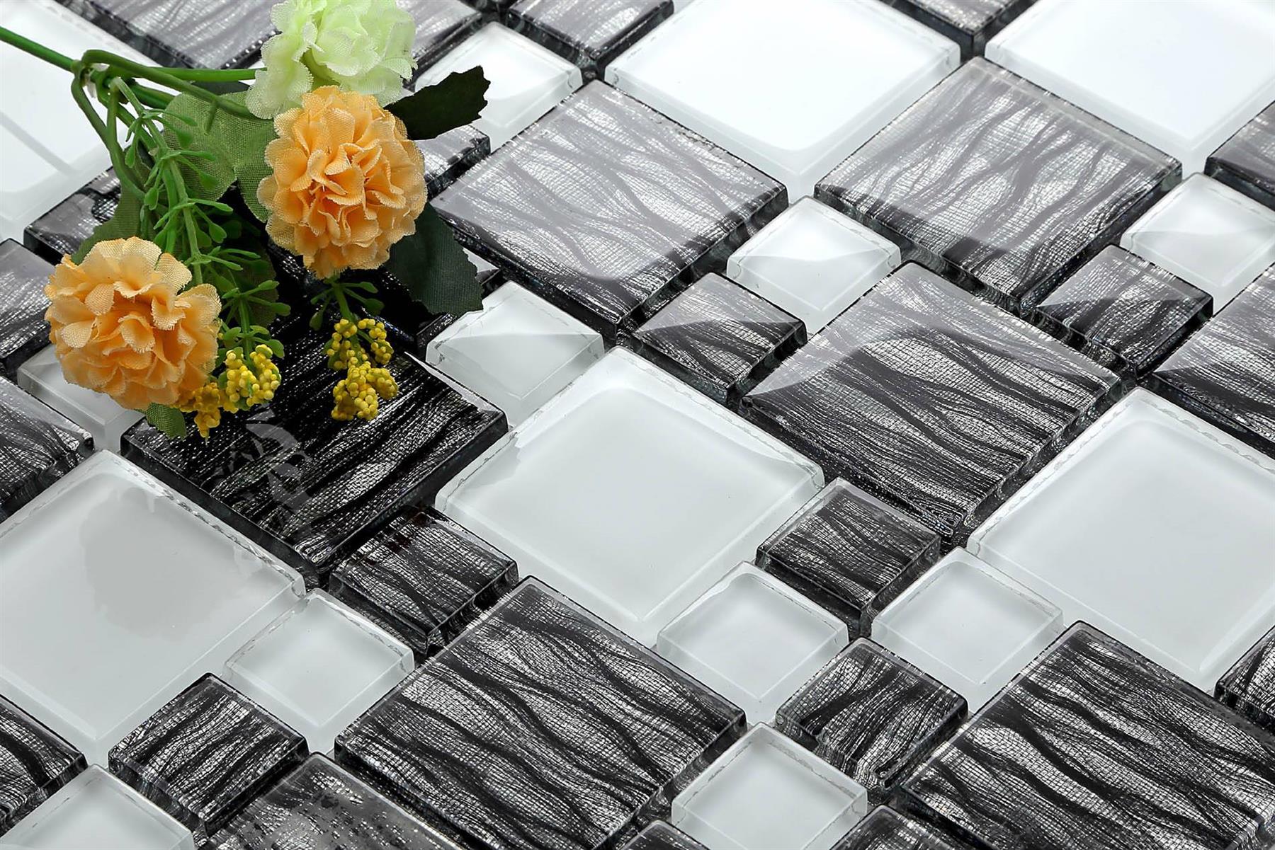 Wave Black and White Square Glass Wall Mosaic Tile TilesDecor