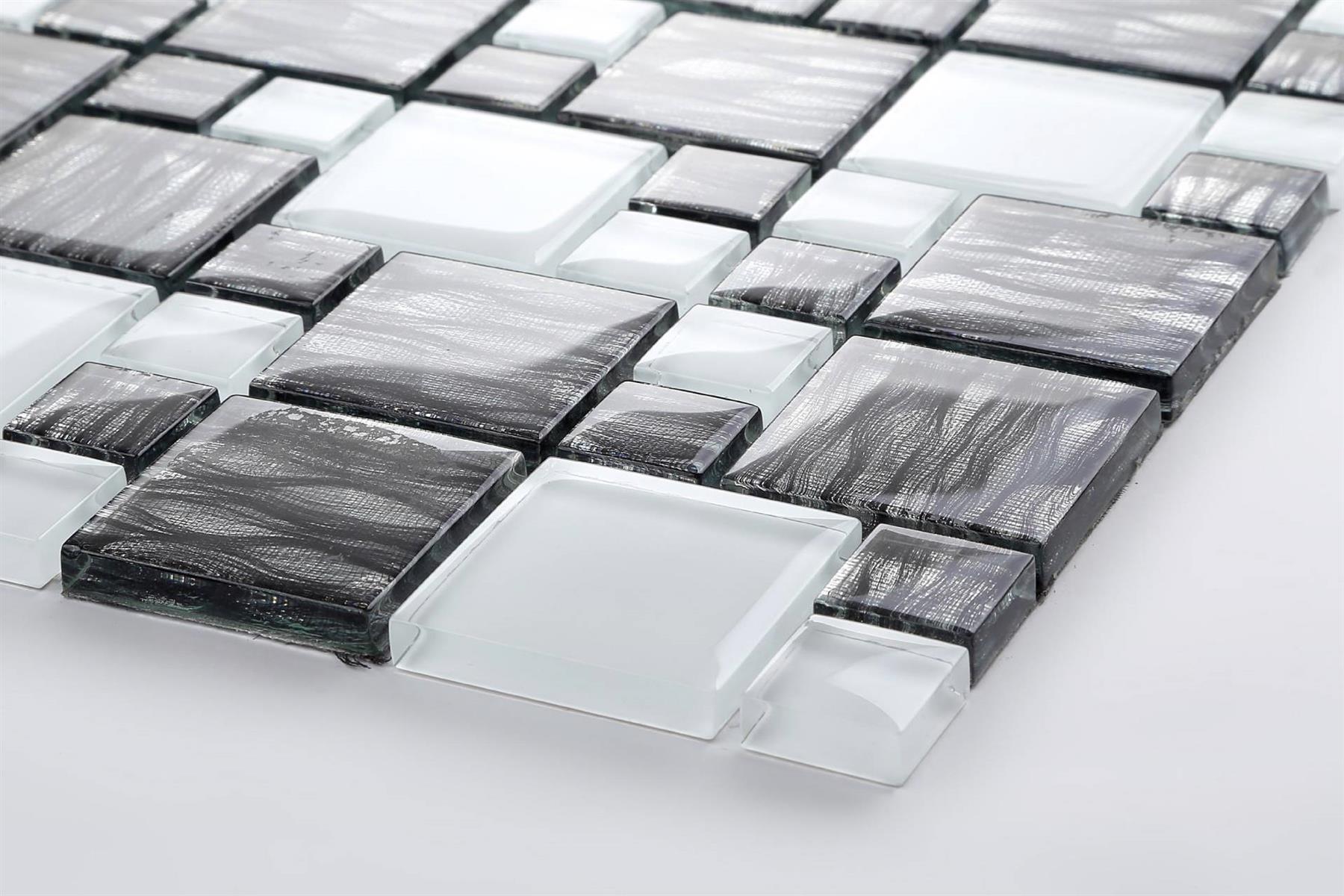 Wave Black and White Square Glass Wall Mosaic Tile TilesDecor