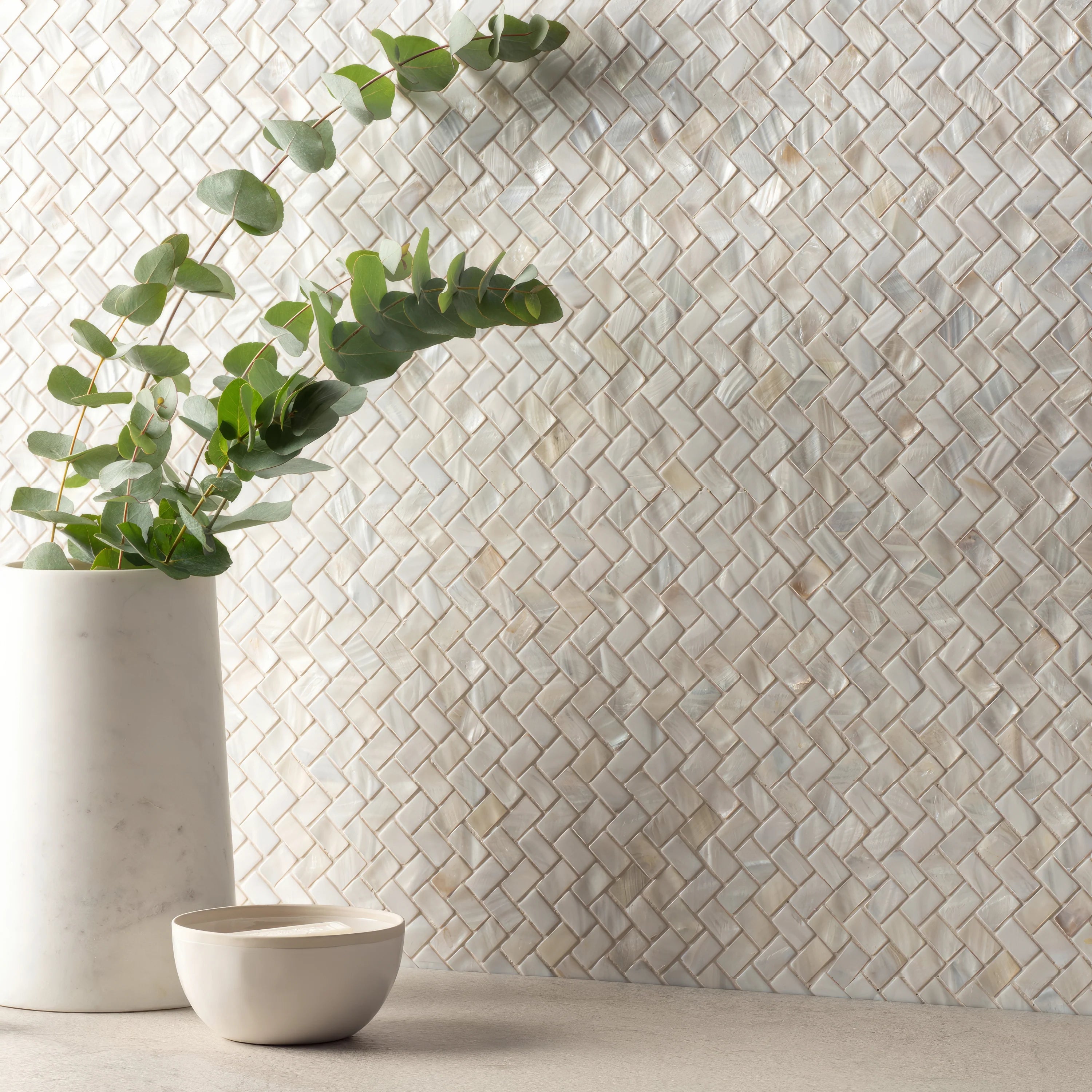 White Pearl Herringbone Shell Mosaic amy