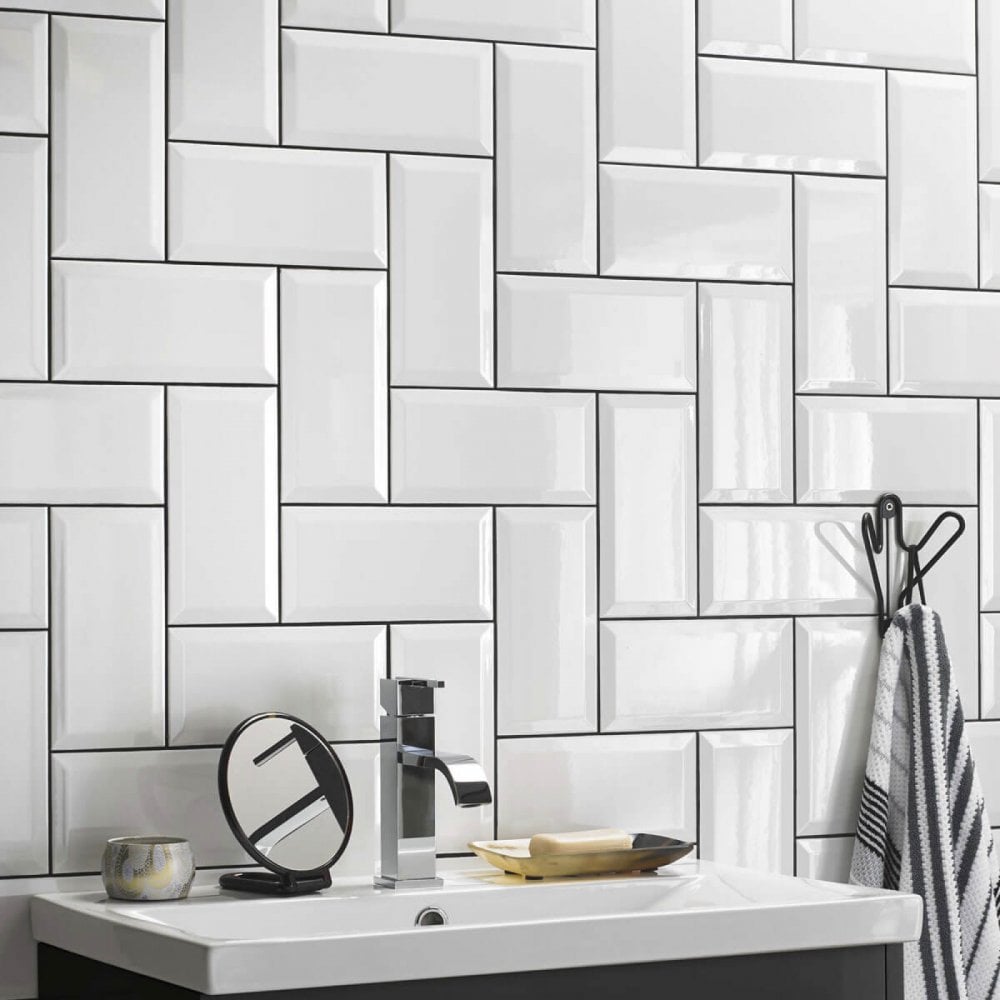 White Gloss Bevelled Metro Ceramic Wall 100x200mm Tile TilesDecor