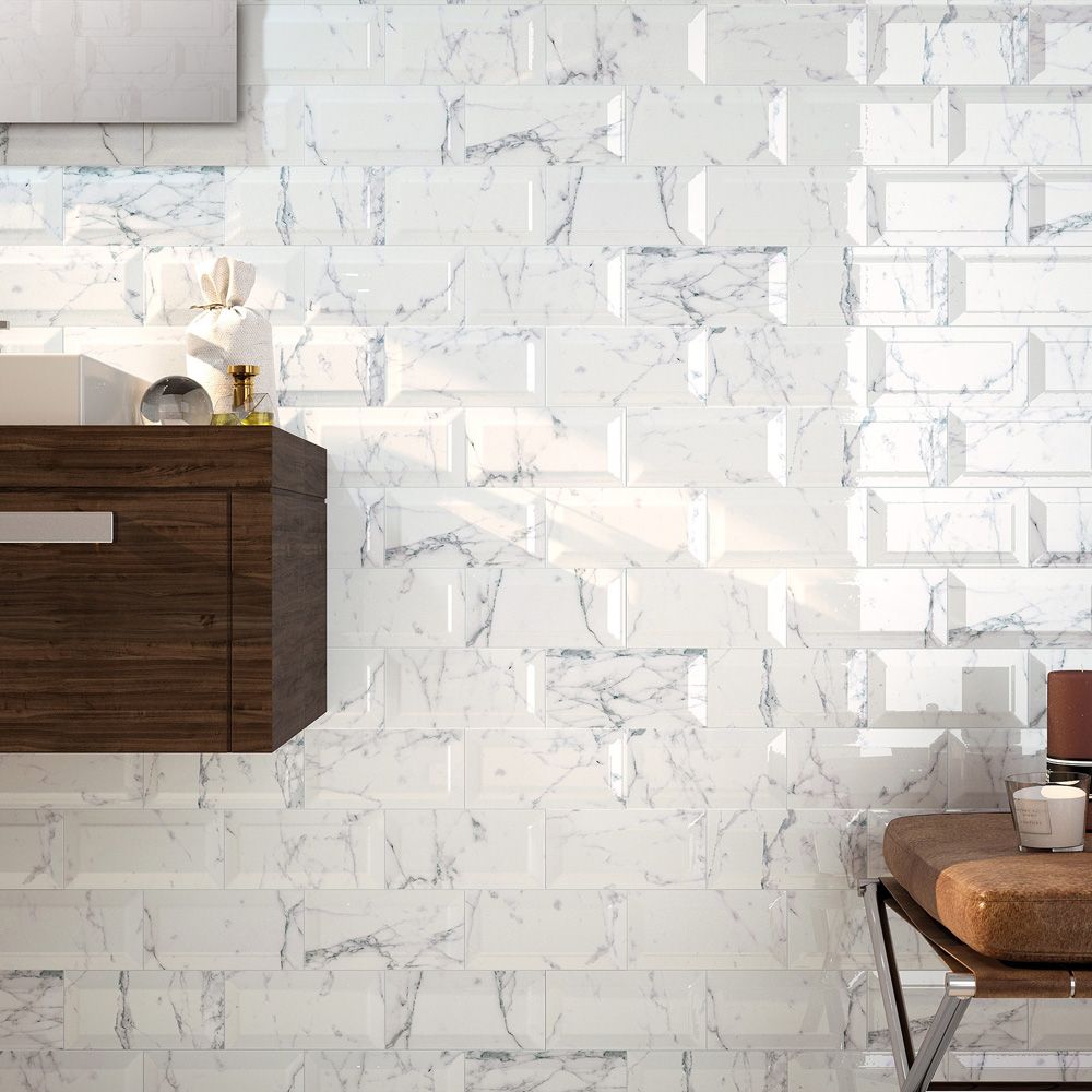 White Marble Effect Gloss Bevelled Edge Metro 100x200mm Wall Tile TilesDecor