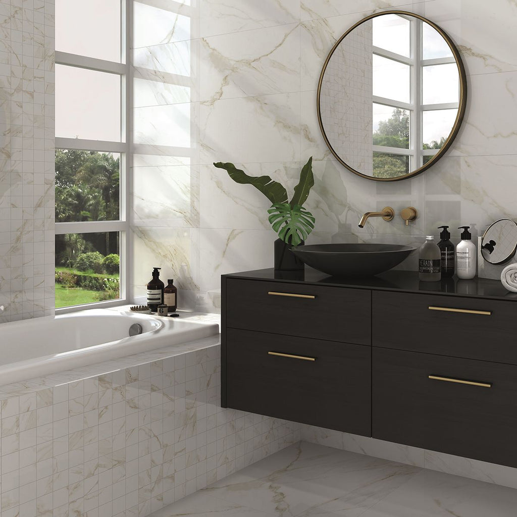 Gentle Gold Gloss Marble Effect Porcelain Mosaic Tile TilesDecor