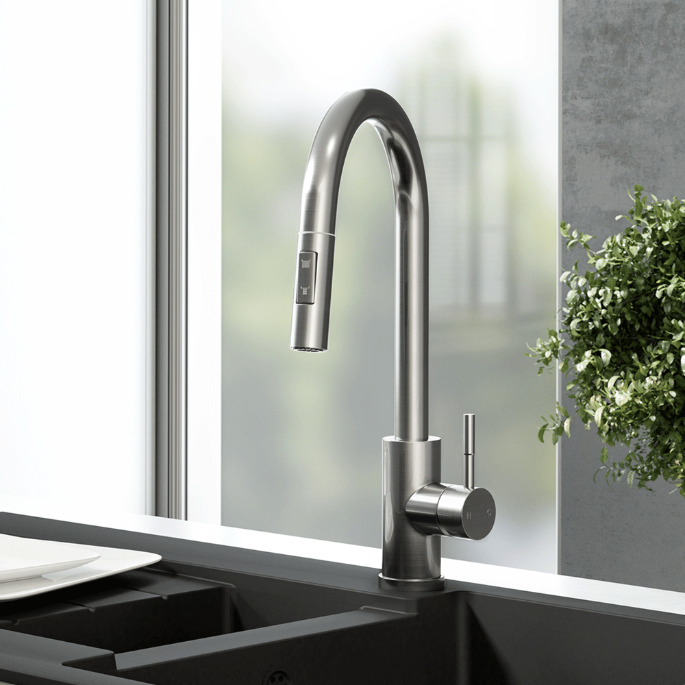 Ellsi Cato Pull Out Single Lever Kitchen Sink Mixer Tap with Swivel Spout - Brushed Steel, PDT-000454 Ellsi