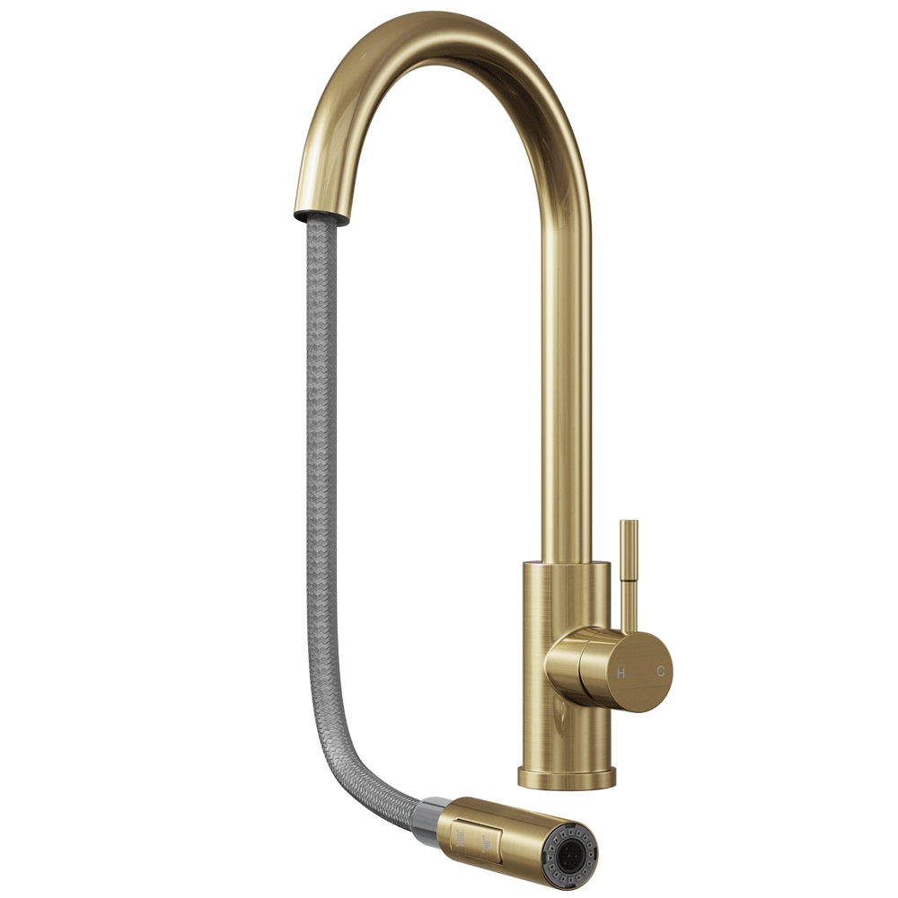 Ellsi Cato Pull Out Single Lever Kitchen Sink Mixer Tap with Swivel Spout - Brushed Brass, PDT-000455 Ellsi