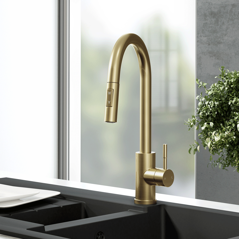Ellsi Cato Pull Out Single Lever Kitchen Sink Mixer Tap with Swivel Spout - Brushed Brass, PDT-000455 Ellsi