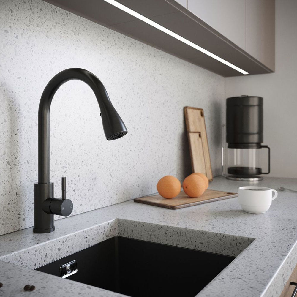 Ellsi Kitchen Sink Mixer Tap with Pull Out Spray and Swivel Spout - Matt Black, PDT-000261 Ellsi