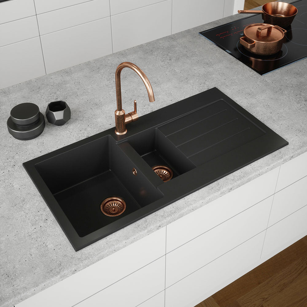 Ellsi Inset 1.5 Bowl Kitchen Sink and Drainer with Waste 1000mm L x 500mm W - Black, PDT-000061 Ellsi