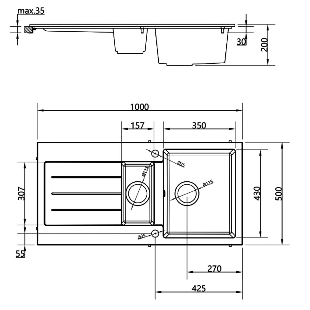 Ellsi Inset 1.5 Bowl Kitchen Sink and Drainer with Waste 1000mm L x 500mm W - Black, PDT-000061 Ellsi